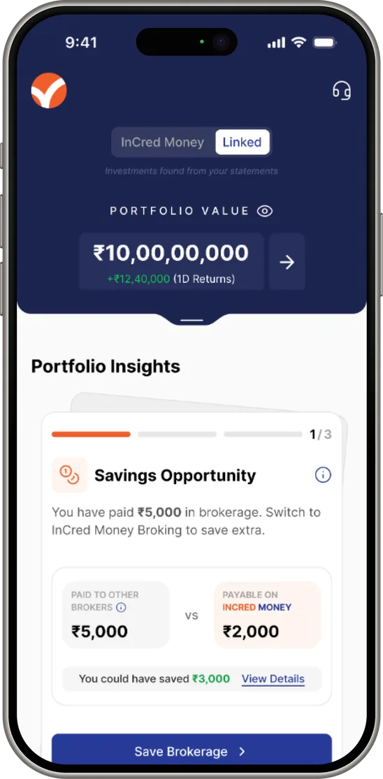 InCred Money app showing portfolio value and a brokerage savings insight